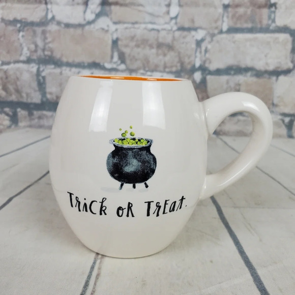 Rae Dunn by Magenta Trick  or Treat Cauldron Halloween Coffee Mug White Orange - Picture 1 of 8